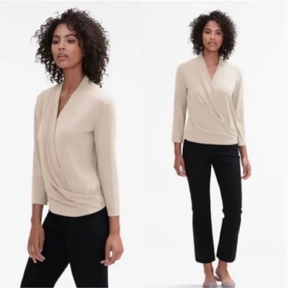 MM LaFleur The Deneuve Faux Wrap Cream 3/4 Length Silky Long Sleeve Blouse Top